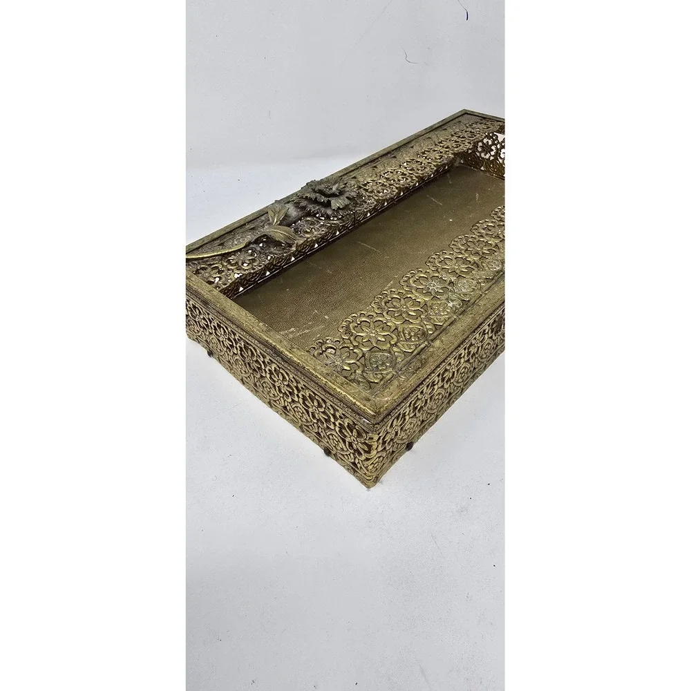Vtg tissue box Holder 24 Kt gold plated filigree floral